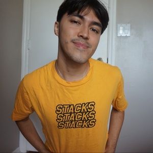Yellow STACKS STACKS STACKS t-shirt.